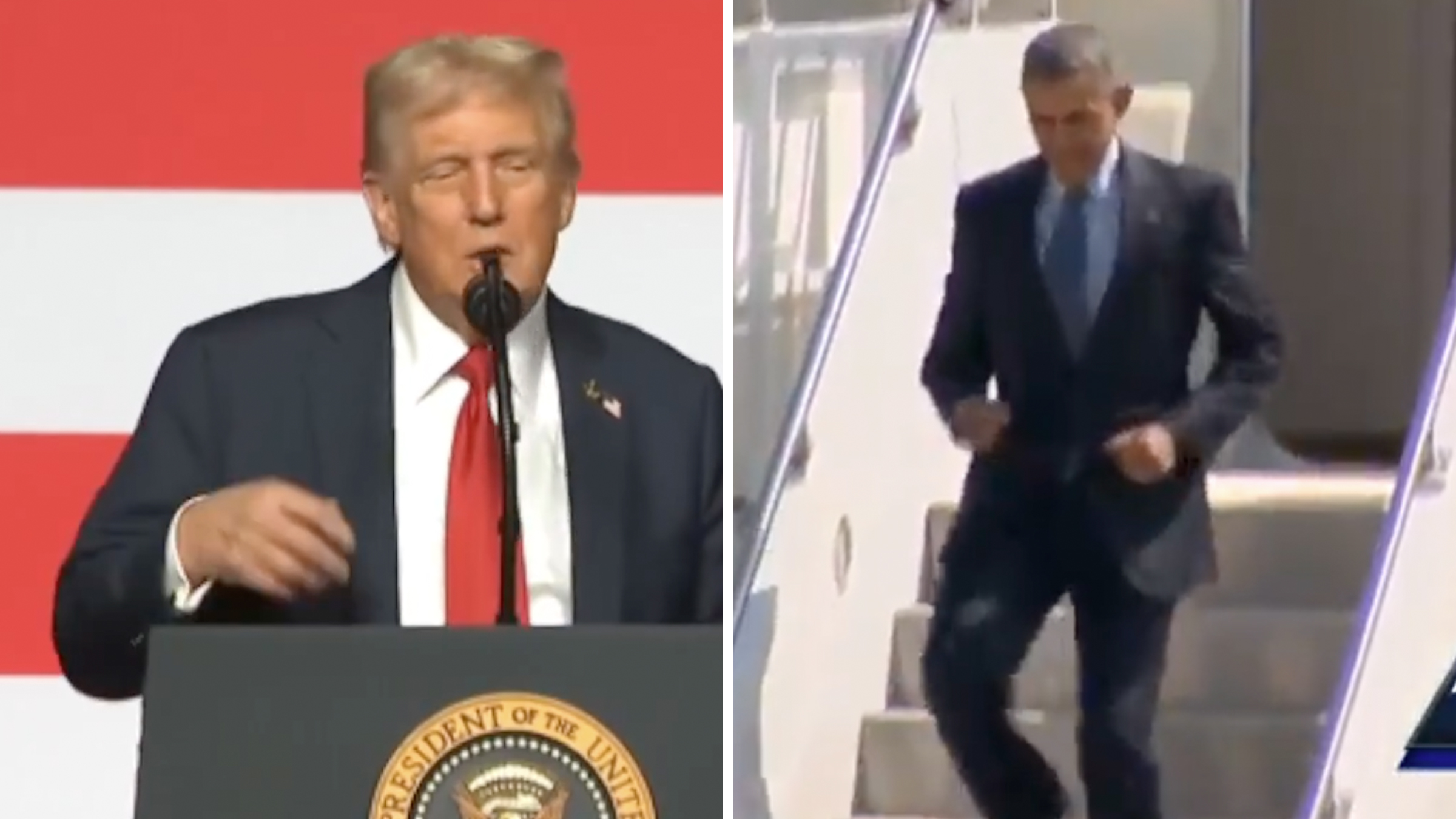 Left: President Donald Trump speaking into a microphone at a rally in 2025. Right: President Obama bopping down Air Force One plane stairs in 2016.