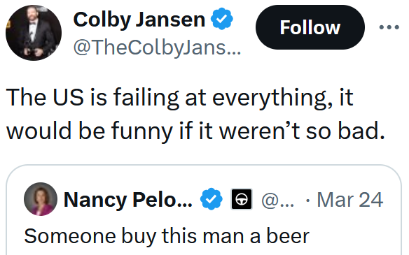 Tweet reading "The US is failing at everything, it would be funny if it weren’t so bad."