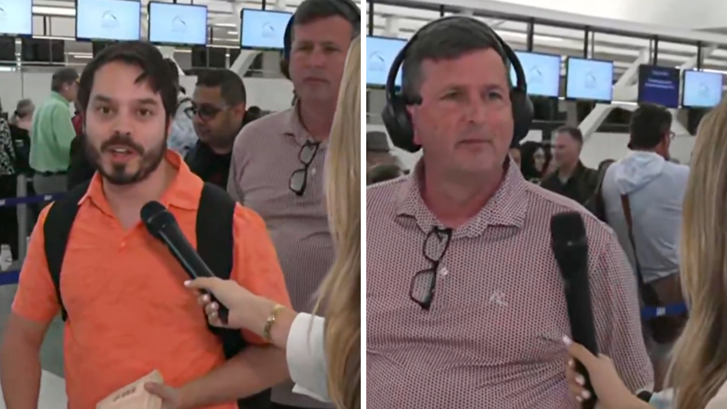 Two men, plane passengers, speaking into a microphone at an airport.