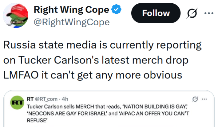 Leitura de tweets "A mídia estatal da Rússia está atualmente reportando sobre o último lançamento de produtos de Tucker Carlson, LMFAO, e não pode ficar mais óbvio"