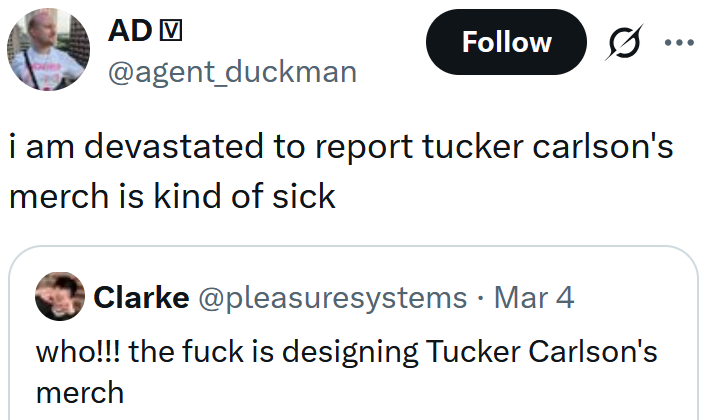 Leitura de tweets "estou arrasado em informar que o produto de Tucker Carlson é meio doentio"