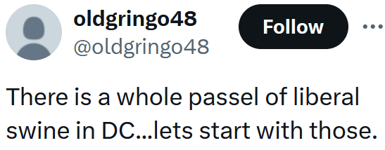 Tweet reading "There is a whole passel of liberal swine in DC...lets start with those."