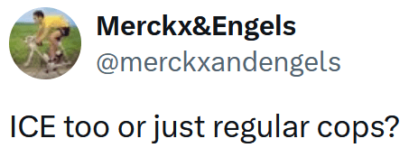 Tweet reading "ICE too or just regular cops?"