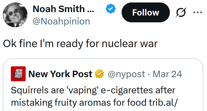 Tweet reading "Ok fine I'm ready for nuclear war"