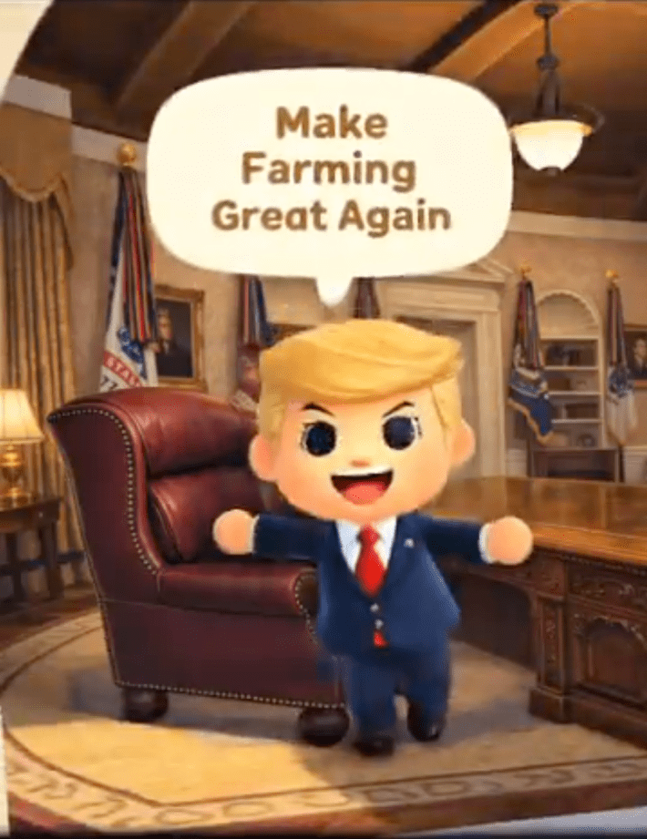 Animal Crossing-style Trump cartoon standing in an "Oval Office" saying, "Make Farming Great Again."
