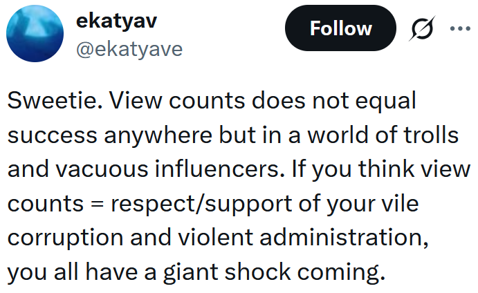 Tweet reading "Sweetie. View counts does not equal success anywhere but in a world of trolls and vacuous influencers. If you think view counts = respect/support of your vile corruption and violent administration, you all have a giant shock coming."