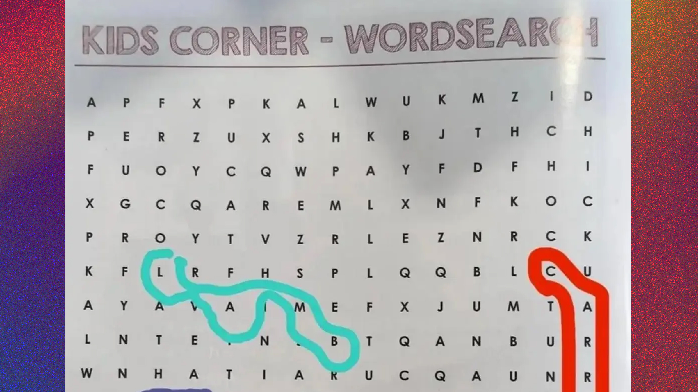Word search with heading reading "Kids Corner - Wordsearch"