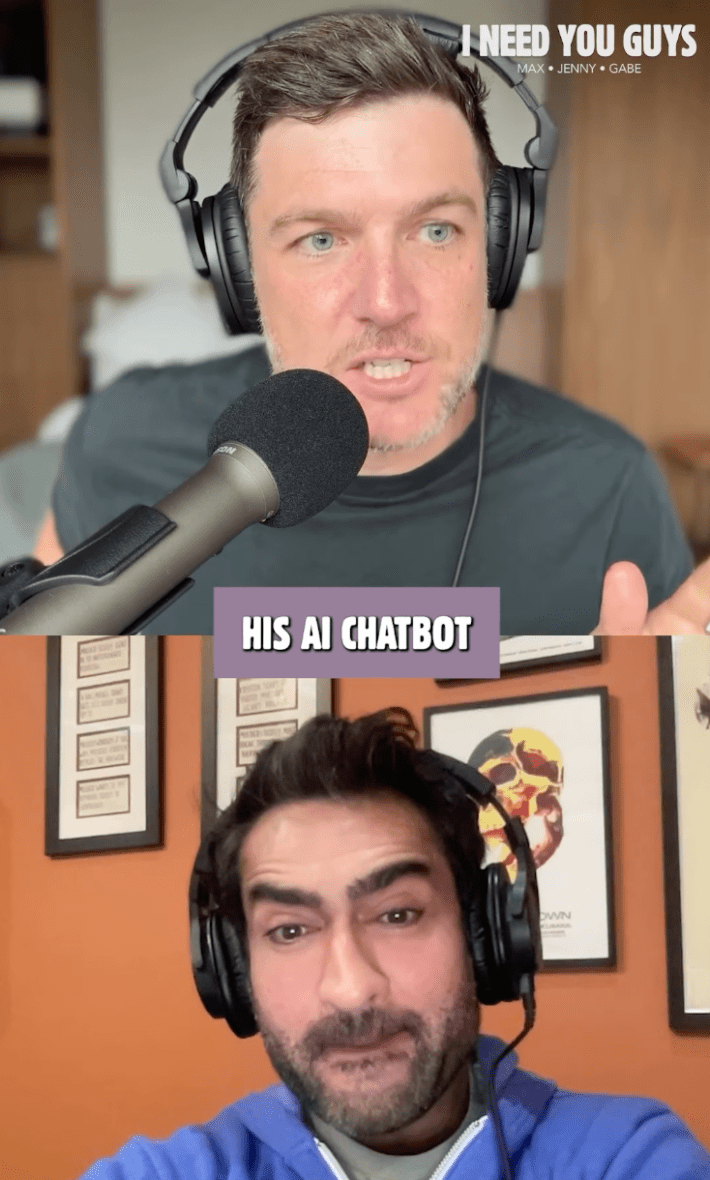 Split screen of two men in headphones and speaking into mics. Caption reads, "His AI chatbot."