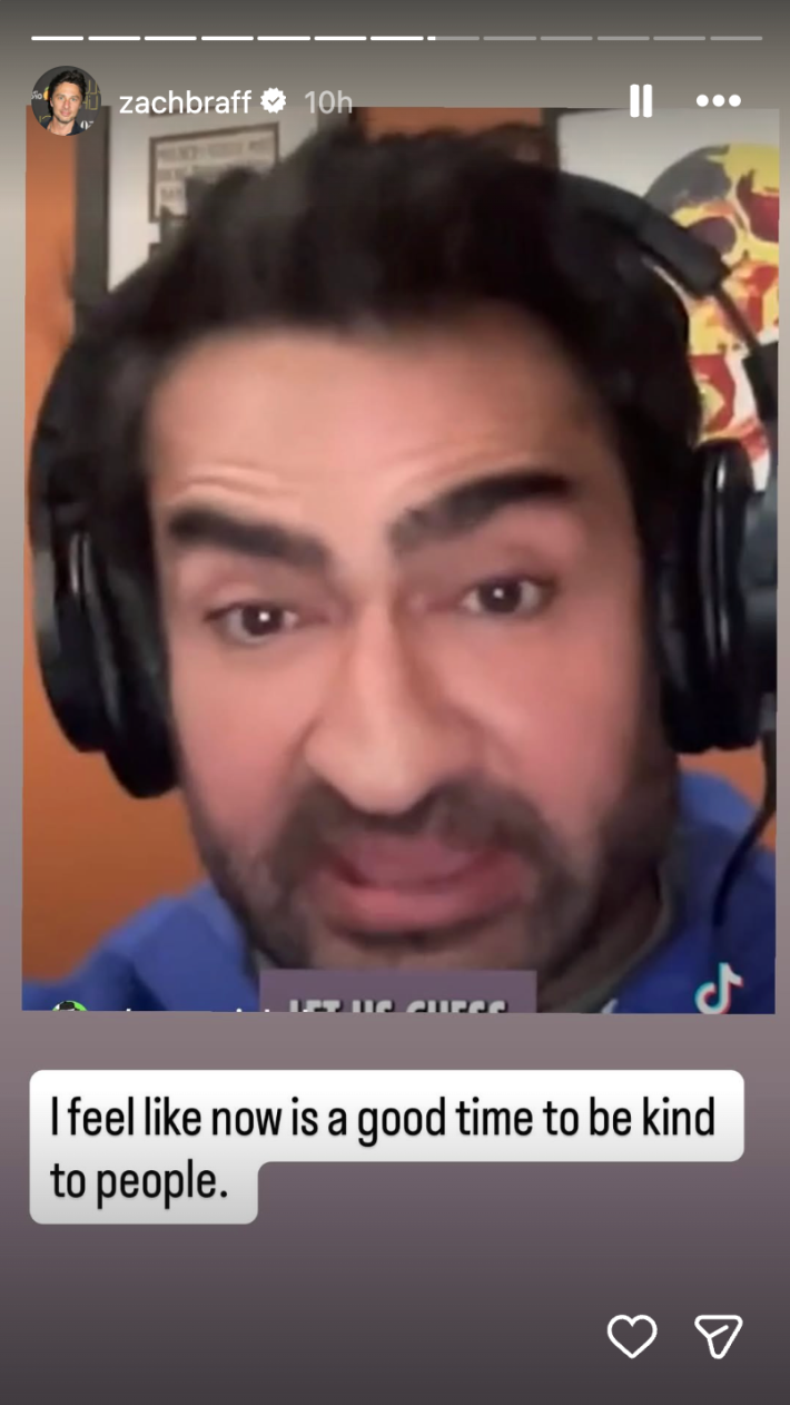 Screenshot from the rumor podcast. Text overlay reads, "I feel like now is a good time to be kind to people."