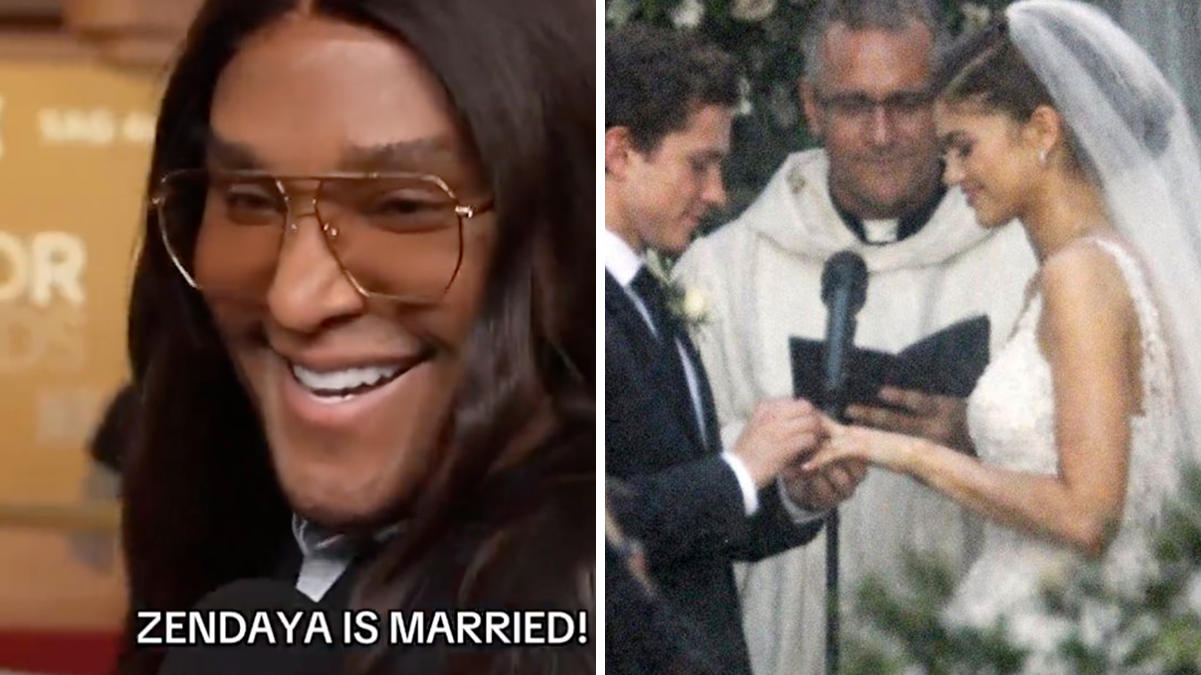 Left: Fashion stylist Law Roach laughing on the red carpet while speaking into a microphone, text overlay reads, "Zendaya is married!": Right: AI-generated photo of Tom Holland and Zendaya at the altar, a priest behind them, getting married.
