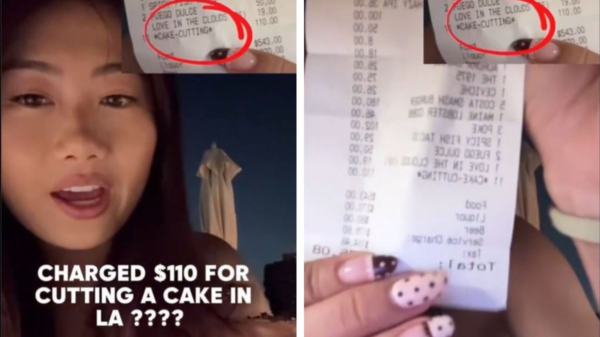 Woman holds a restaurant receipt with “cake-cutting” circled in red
