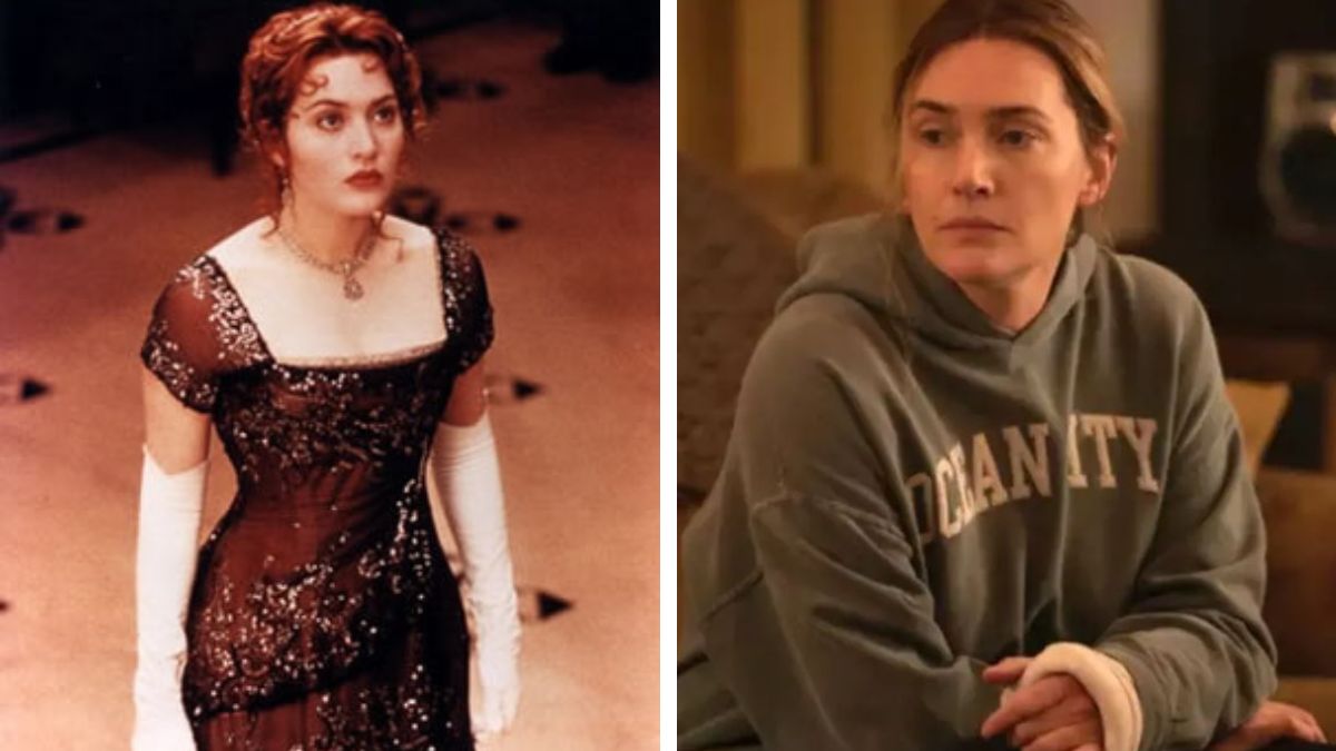 Split-screen of Kate Winslet in an evening gown and in a gray hoodie