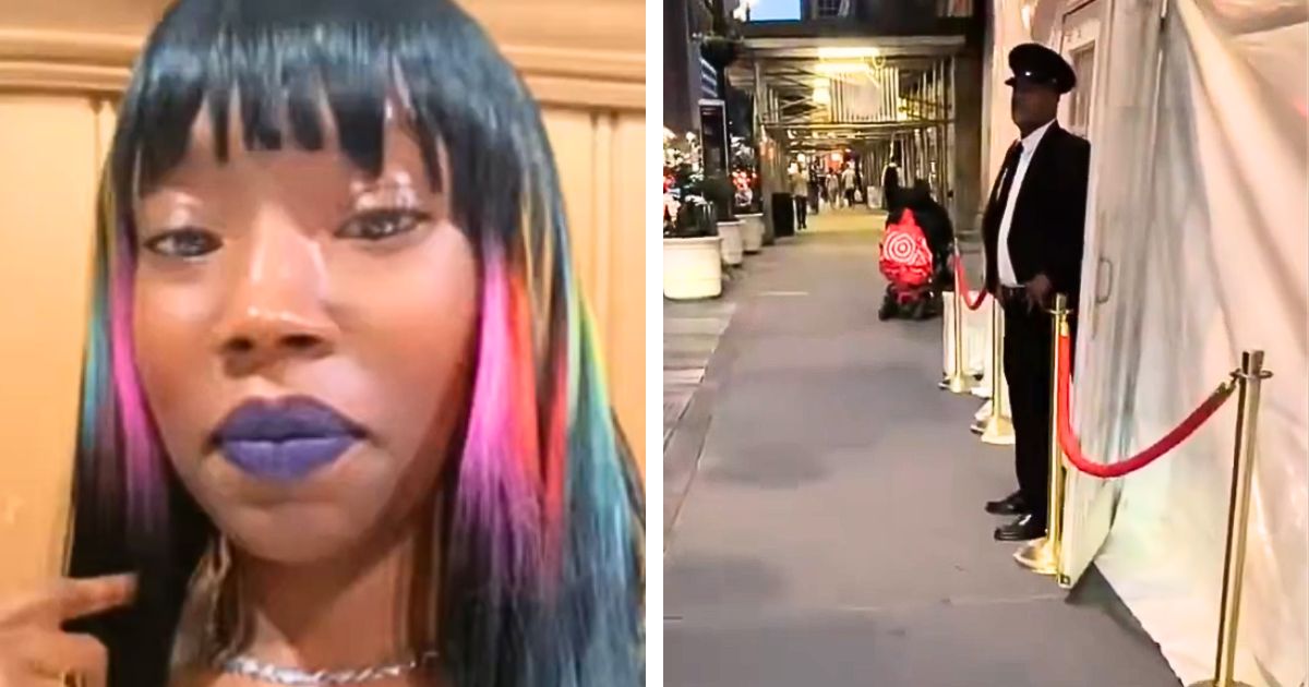 A Black woman mocks a Black doorman in a suit as a symbol of failed racial equality