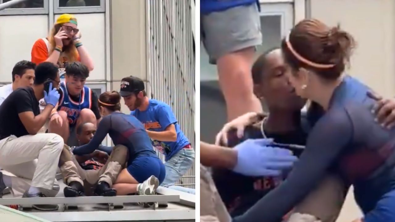 A Knicks fan appeared to make unwanted advances toward a woman helping save his life