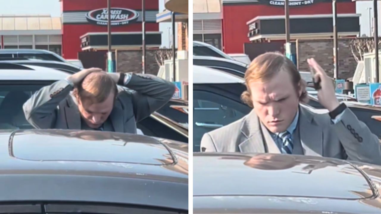 A man using a car window to fix his hair before an apparent job interview