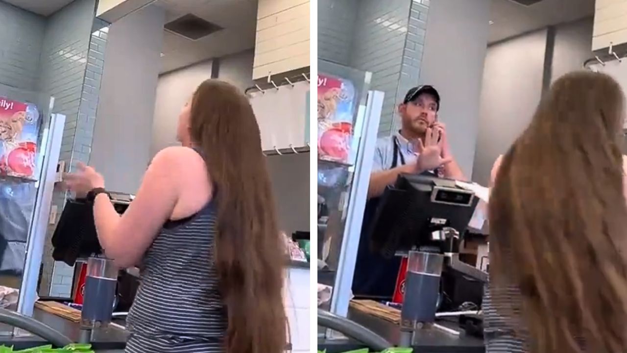 A woman confronting an employee over a missing ingredient on her sandwich