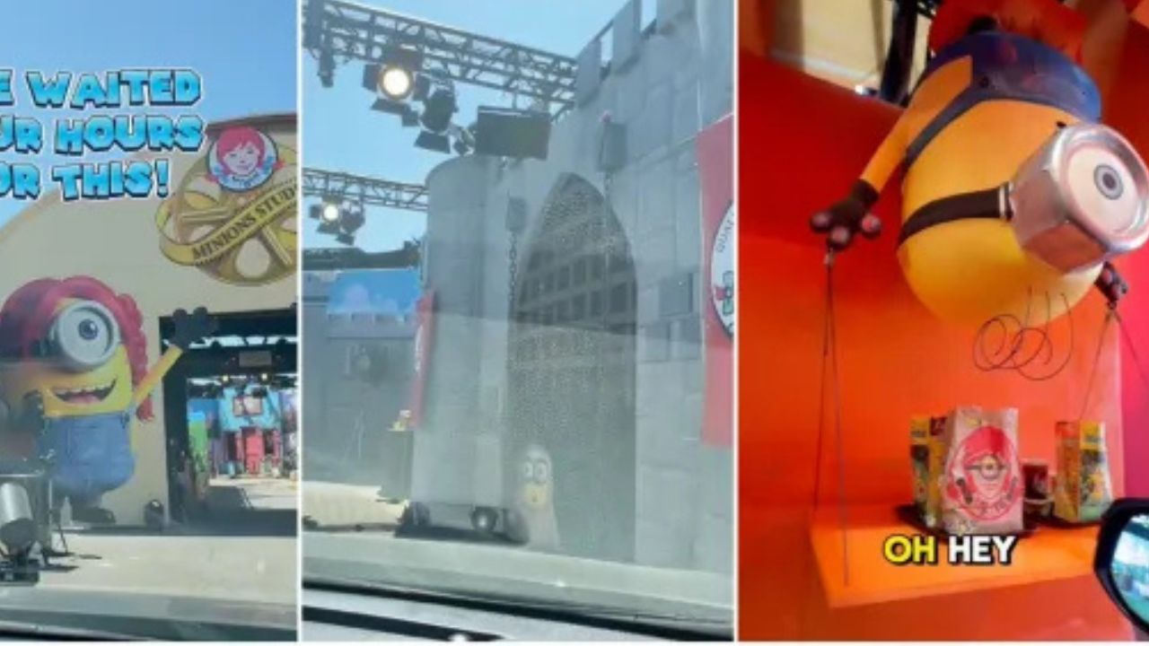 A woman documented her family's four-hour wait for Wendy's immersive Minions & Monsters drive-thru experience.