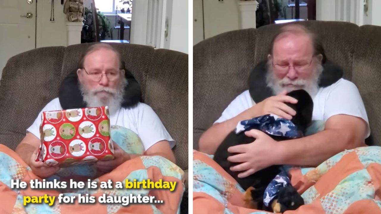 Dad in tears after receiving a new puppy