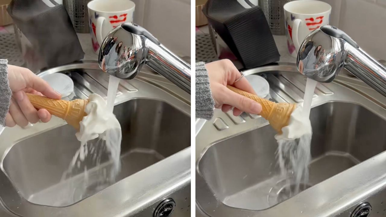 Ice cream cone under steaming hot water doesn't melt, sparking panic on the internet.