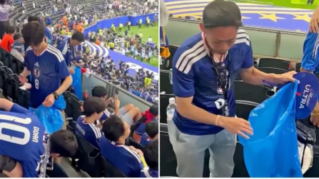 Japanese soccer fans pick up trash at stadium after World Cup match.