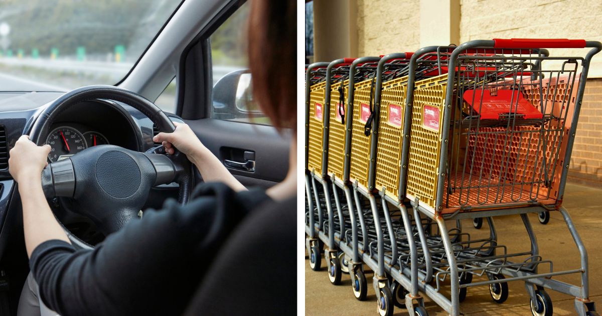 A woman driving a car slammed into another walking with her grocery cart