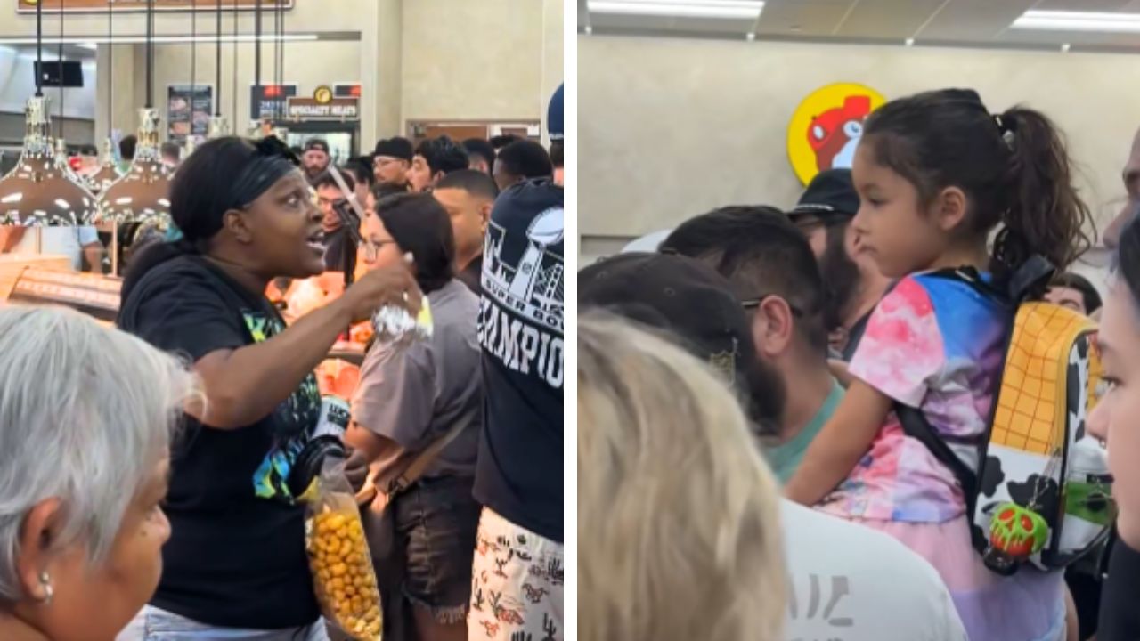 The woman (L) at a Buc-ee’s location screamed at a man with his child (R) in the line