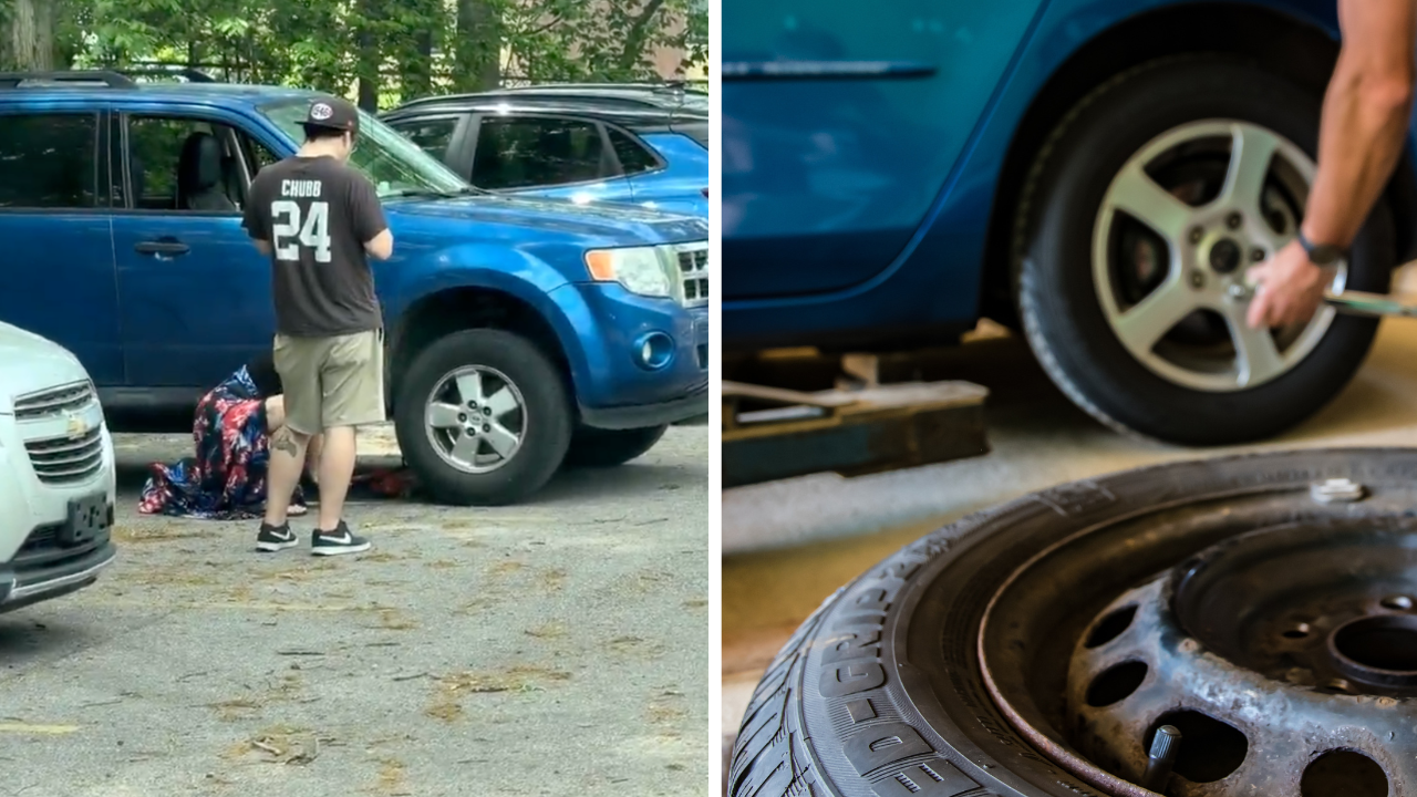 Woman Changes Tire While Boyfriend Scrolls on His Phone