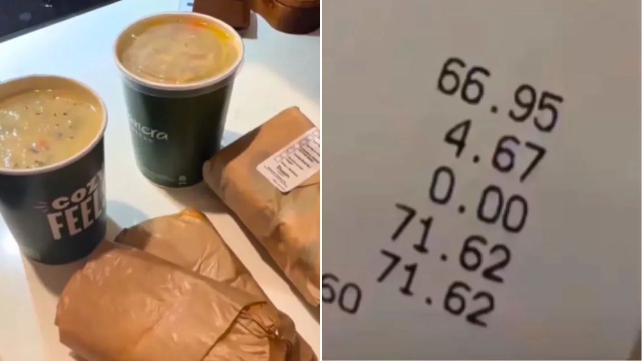 A video shows a $71 Panera Bread bill for two soups and three sandwiches