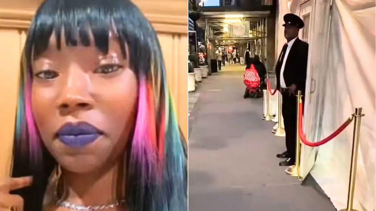 A Black woman mocks a Black doorman in a suit as a symbol of failed racial equality
