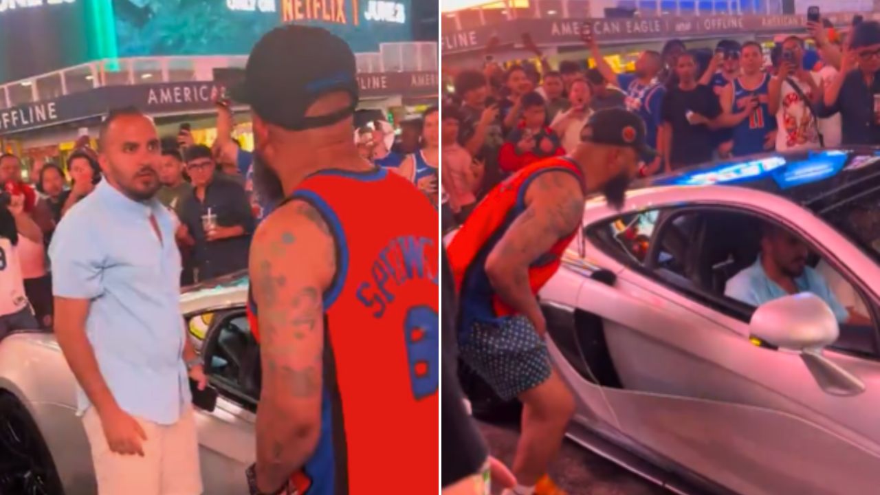 A Spurs fan surrounded by Knicks supporters near his car after Game 3 of the NBA Finals