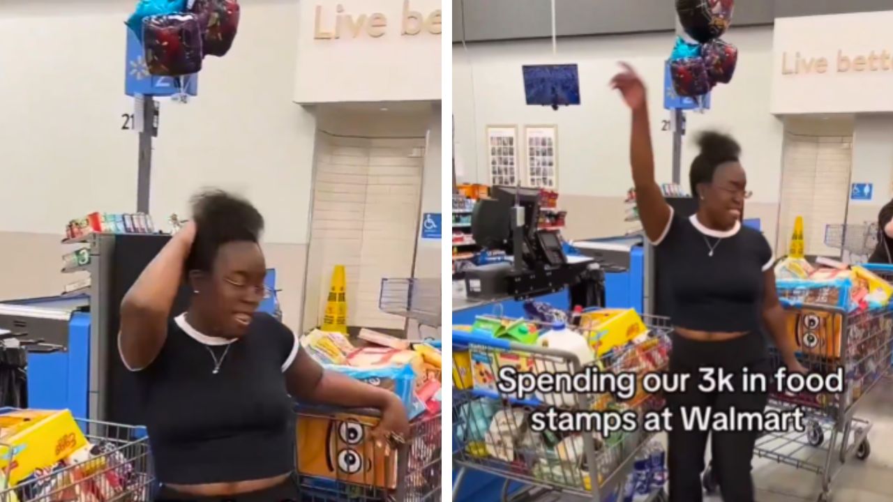 Viral TikTok showing woman dancing beside two full shopping carts