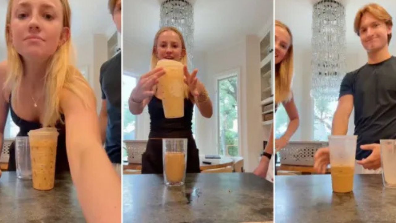 Woman compares Starbucks liquid to ice ratio.