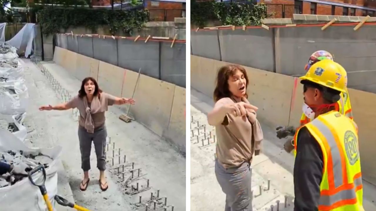 Woman ignores repeated warnings and walks into construction site