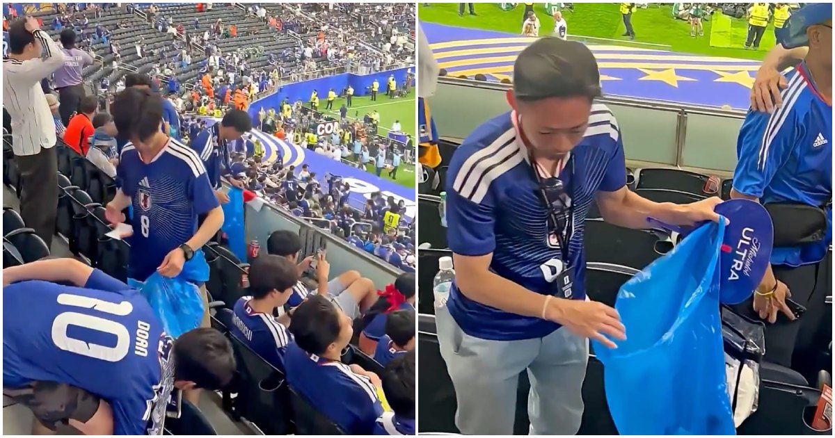 Japanese soccer fans pick up trash at stadium after World Cup match.