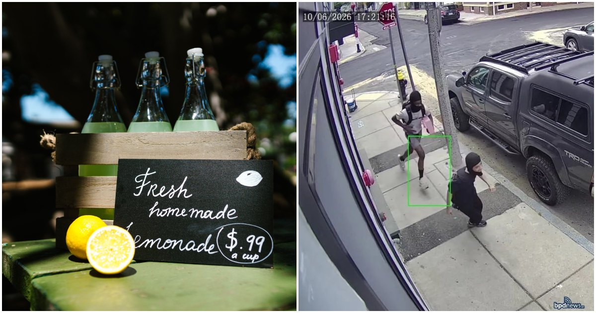 Teens who robbed kids' lemonade stand running with cash box.