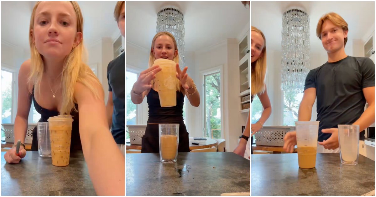 Woman compares Starbucks liquid to ice ratio.
