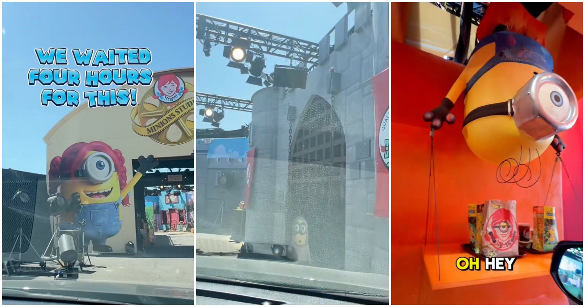 A woman documented her family's four-hour wait for Wendy's immersive Minions & Monsters drive-thru experience.