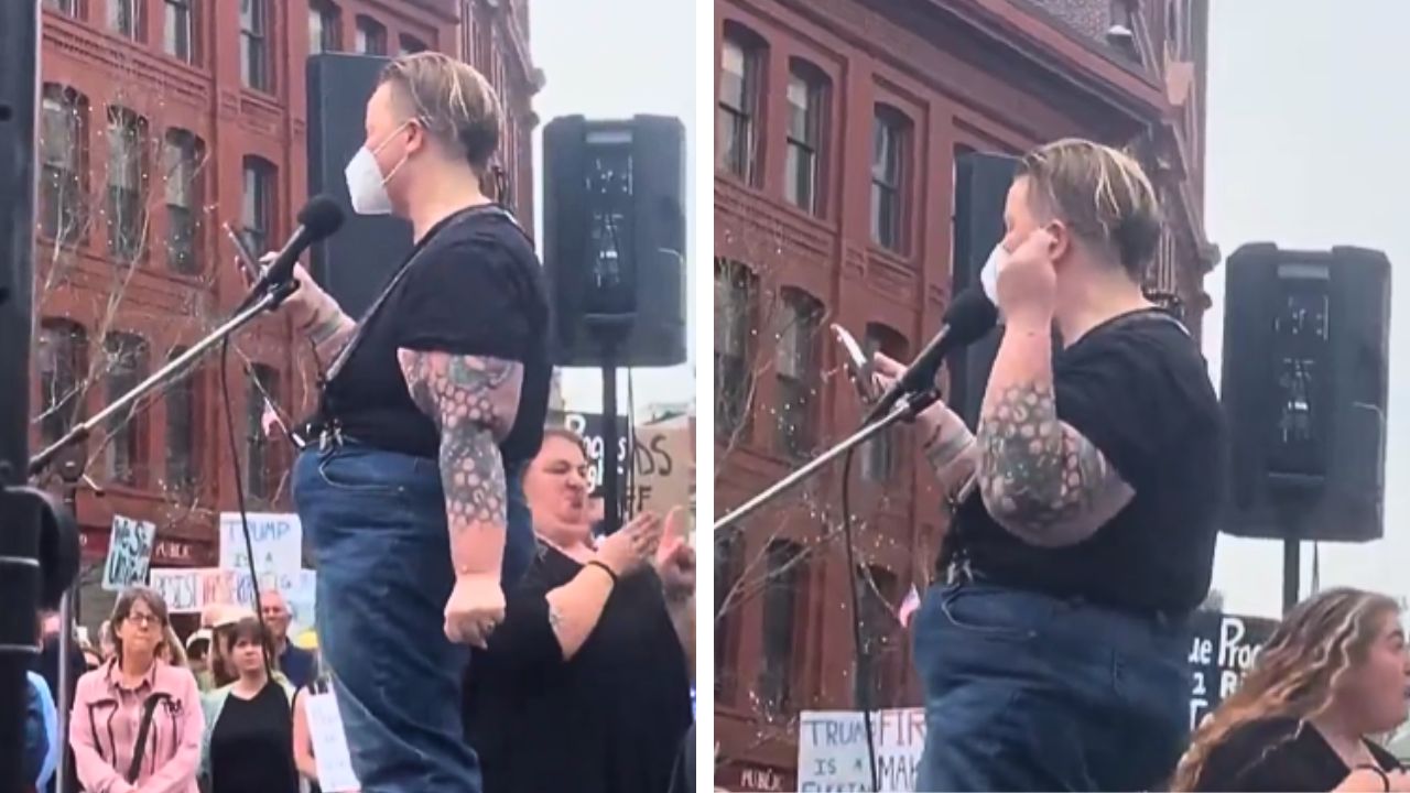A Maine state legislator speaks during a public event against ICE.
