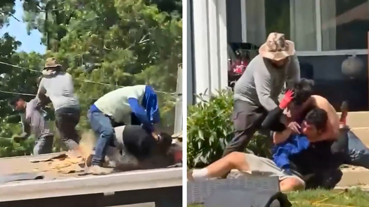 A chaotic fight between roofers was caught on camera and has gone viral