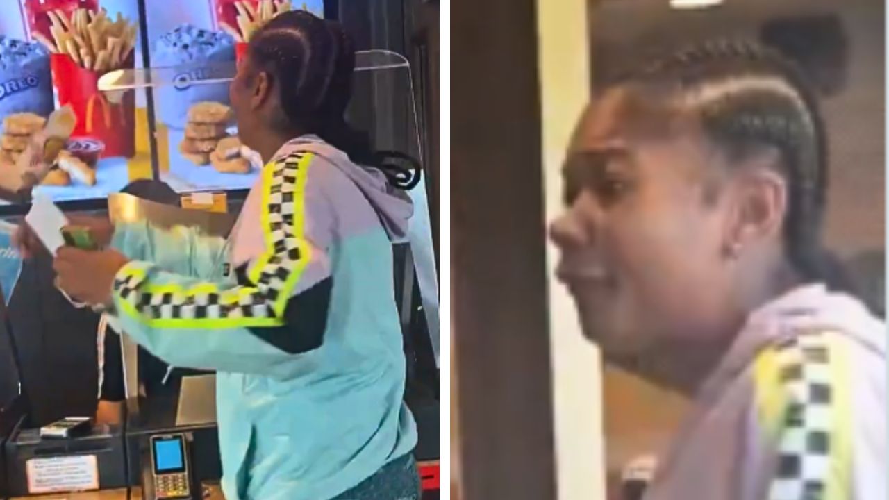 A customer argues with employees at a McDonald's counter.