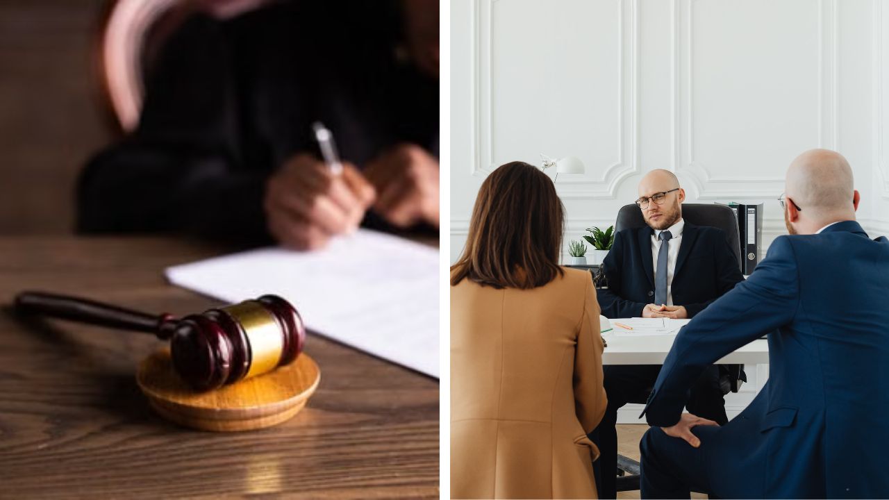 A judge's gavel alongside legal documents; divorce proceedings.