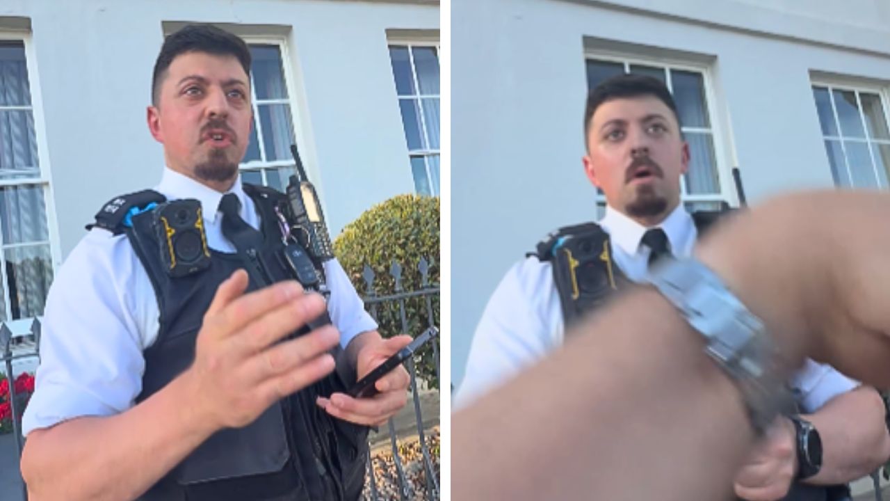 A police officer speaking with a man in London about a protest outside a councillor's home