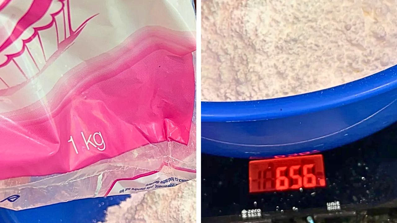 A sealed 1 kg bag of icing sugar weighing 656 grams on a digital kitchen scale.
