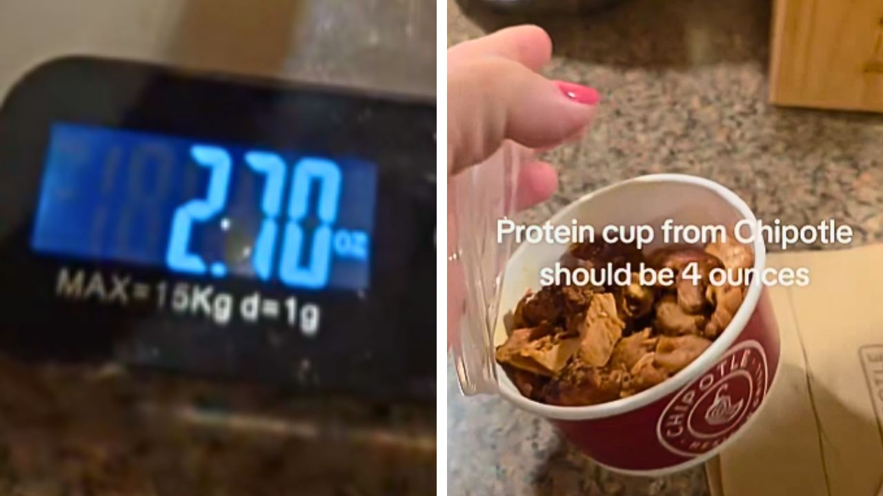 A social media video showing a Chipotle protein serving weighing 2.7 ounces.