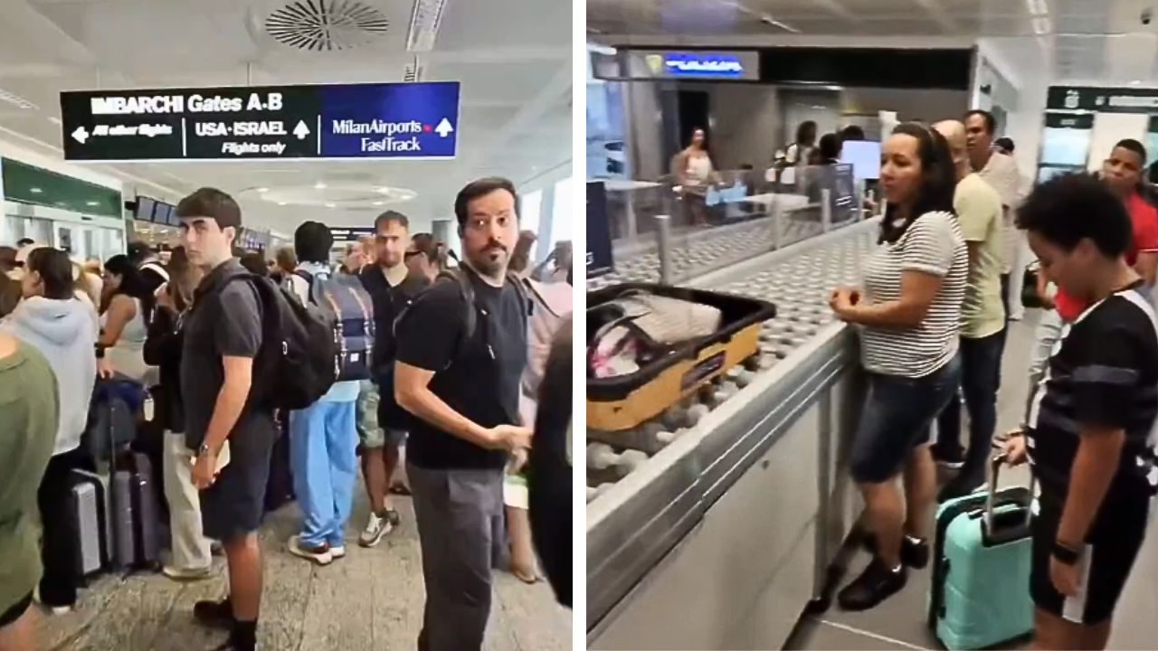 A traveler's point of view as they walk through an international airport terminal.