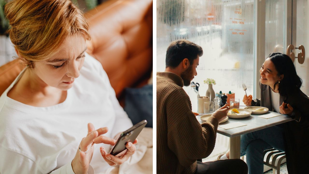 A woman looks at her phone after a first date.