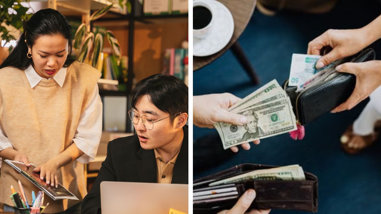An employee speaking with an HR representative in an office after a workplace discussion about salaries.