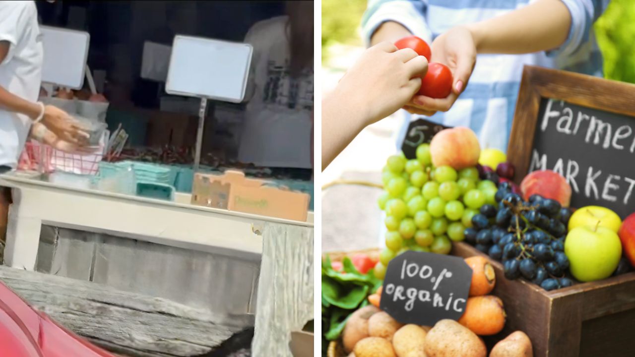 Alleged Farmer's Market employee was caught emptying multiple boxes of store-bought blueberries into trays.