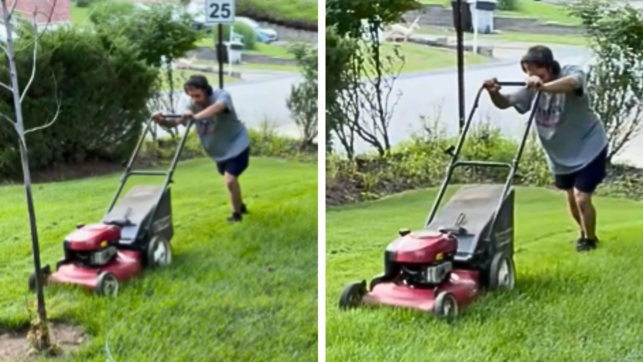 Is this 20-year-old mowing a hill incorrectly or using a safer technique?