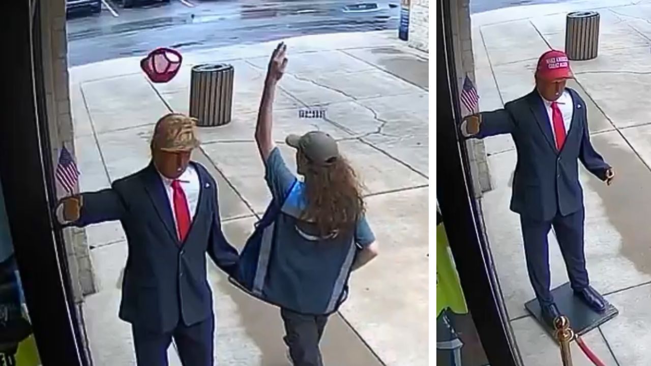 Man flips away the MAGA hat on a President Donald Trump mannequin